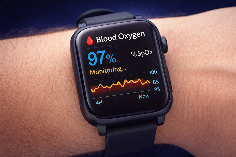 Smartwatch wearable device monitoring blood oxygen SpO2 level continuously for fitness tracking